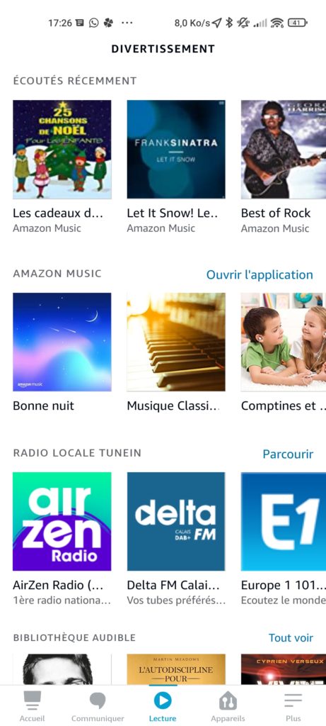 La rubrique divertissement de l'application Alexa