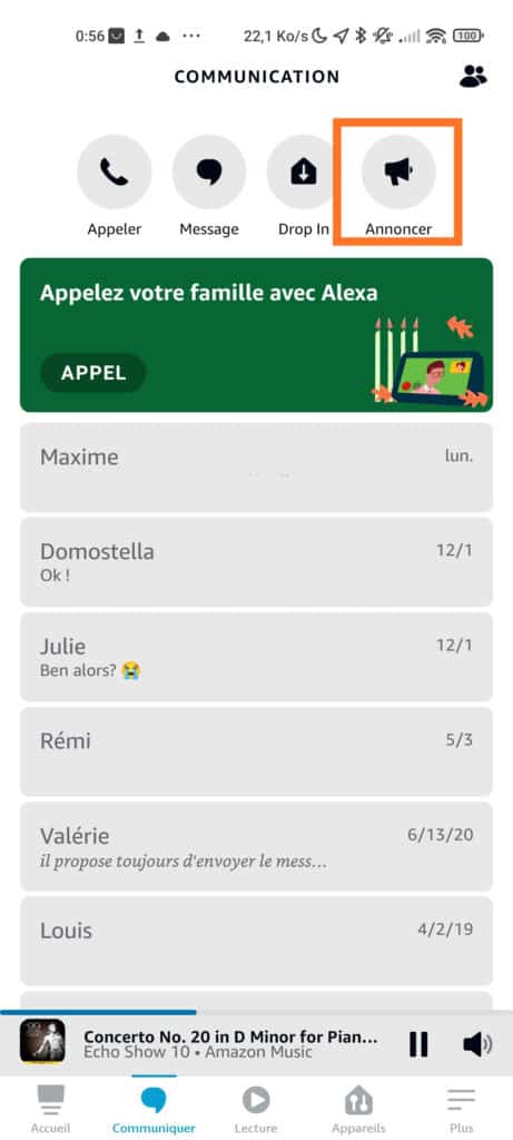 Sélectionner Annoncer dans l'application Alexa