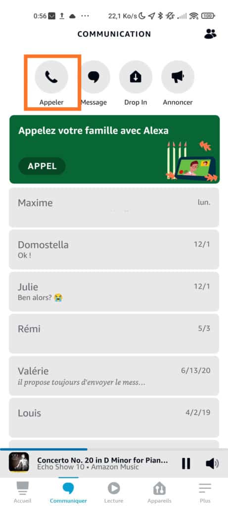 Passer des appels avec l'application Alexa