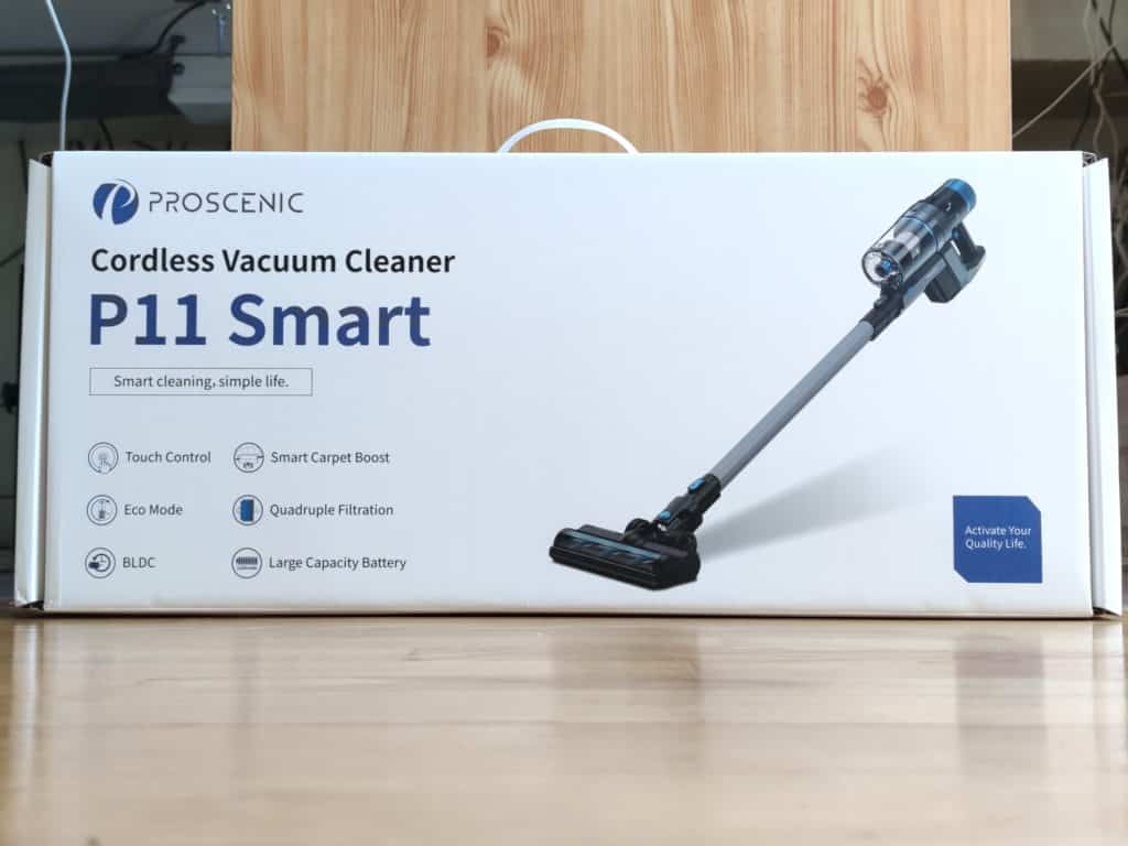 emballage de qualité avec un large visuel de l'aspirateur balai Proscenic P11 Smart