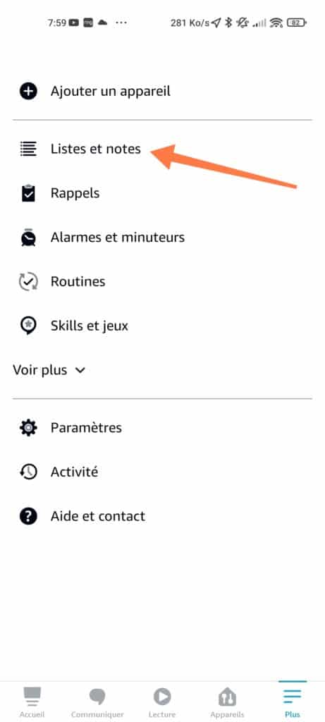 Allez dans Listes et notes dans l'application Alexa