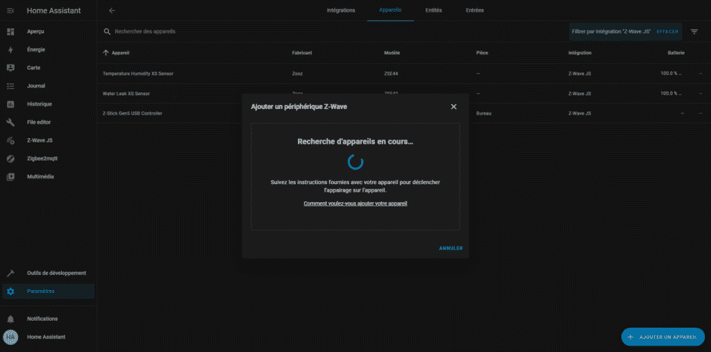 Appareil en cours d'association avec Z-Wave to MQTT sur Home Assistant OS