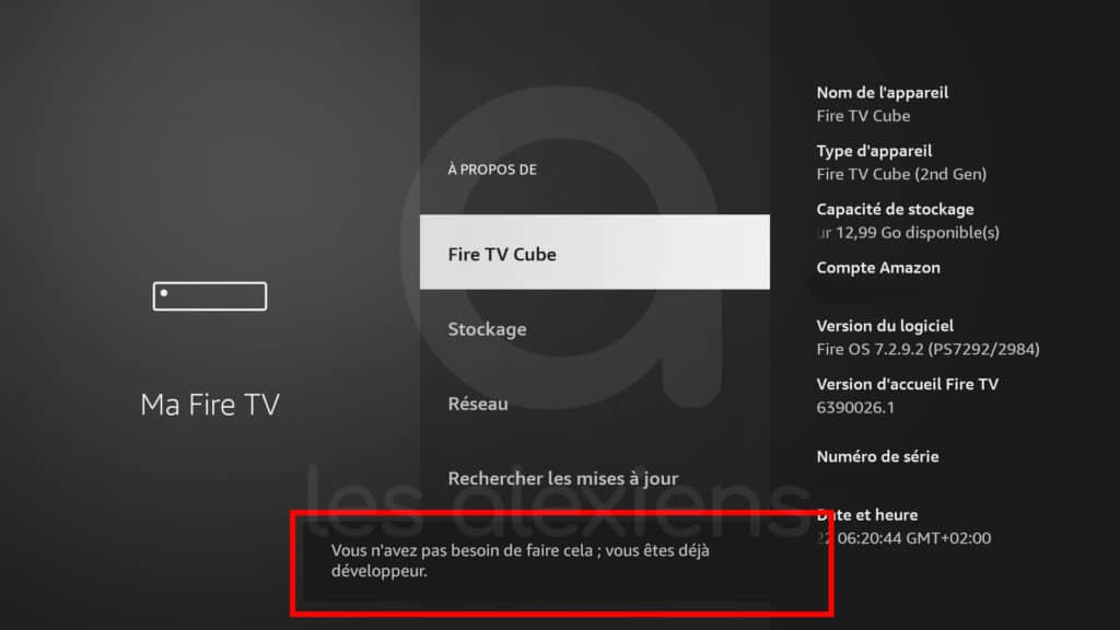 Avertissement mode développeur Amazon Fire TV