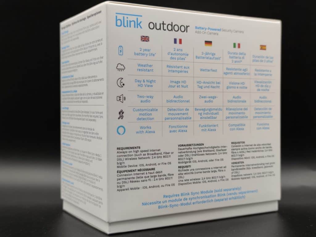 Le détail des fonctions sont reprises au dos et sur les cotés du coffret de la Blink Outdoor