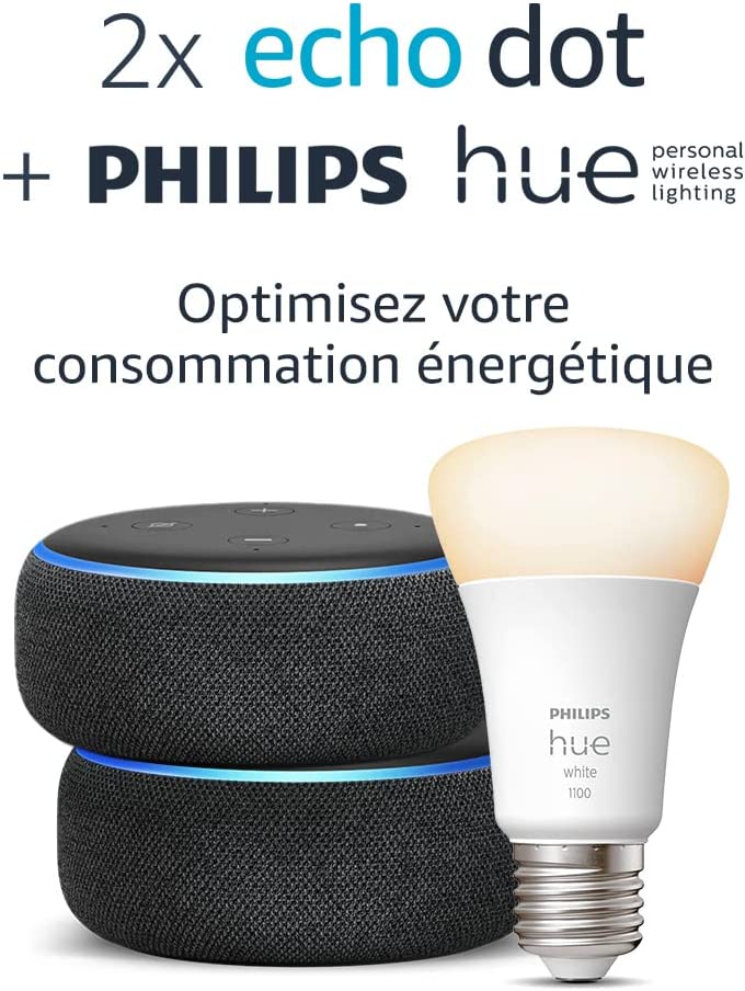 Bon prix sur ce lot de 2 Echo Dot 3 avec une ampoule Philips Hue