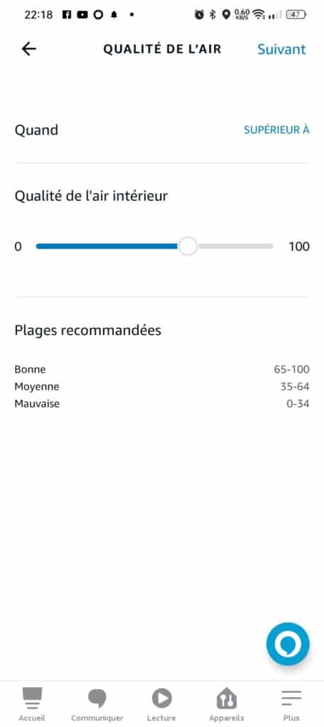 Routine de qualité de l'air dans l'app Alexa