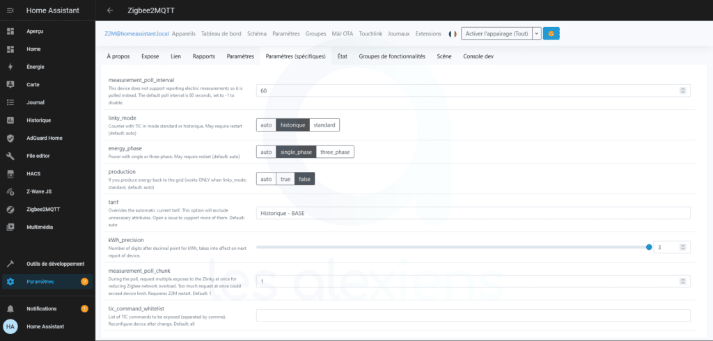 Paramètres du Lixee ZLinky sous Home Assistant