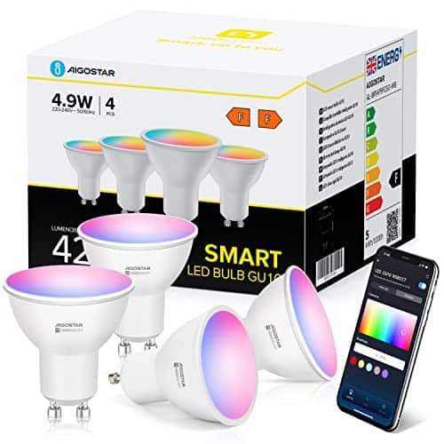 Aigostar Ampoule Connectée Wifi GU10 SL2 4.9W LED Ampoule Connectée Alexa RGB/2700K-6500K Gradable, App Contrôle, Compatible Avec Alexa/Google Home, Ampoule Intelligente Pas Besoin de Hub, 4 PCS