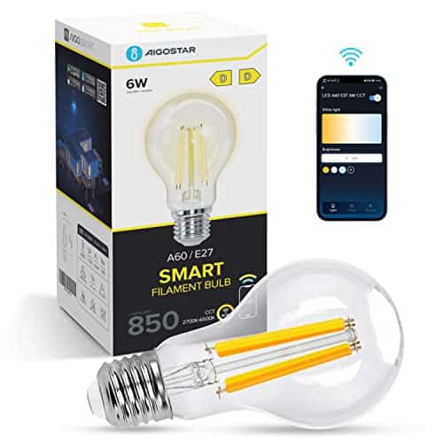 Aigostar Edison Ampoule Connectée WiFi E27 6W Ampoules Vintage Intelligente LED A60 Ampoule Alexa Retro, Compatible avec Alexa et Google Home, Ampoule WiFi Dimmable 2700K-6500K, Transparent 1 PCS