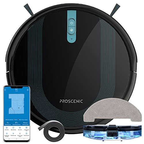 Proscenic 850T Aspirateur Robot, Aspirateur et Laveur de Sol 2 en 1, Super Aspiration 3000Pa, Débit d'eau Réglable, Contrôle avec Alexa/App/Siri, Idéal pour Le Poils d'animaux/Cheveux/Poussière/Laveur