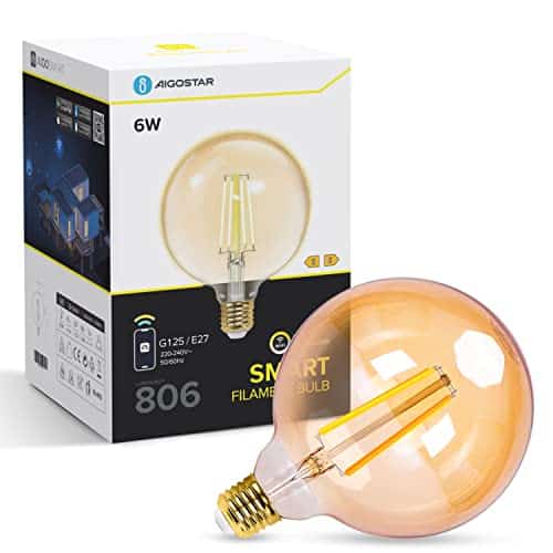 Aigostar Ampoule Connectee Alexa Vintage à Filament. E27 G125 6W Smart Bulb, 806LM, Blanc chaud Dimmable 2700K -6500K. Compatible Alexa et Google Home. Aucun HUB requis, WiFi 2,4 GHz