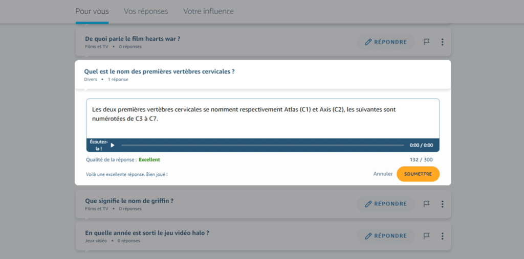 Exemple de réponse utilisateur sur Alexa Answers France