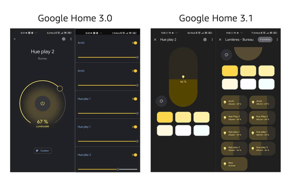La nouvelle interface des lumières sous Google Home 3.1