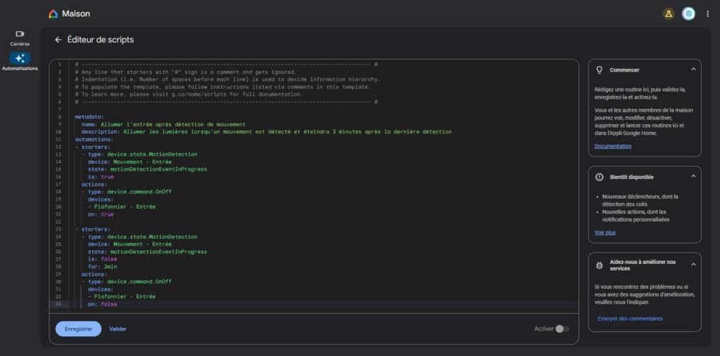 Un exemple de script YAML pour une automatisation Google Home