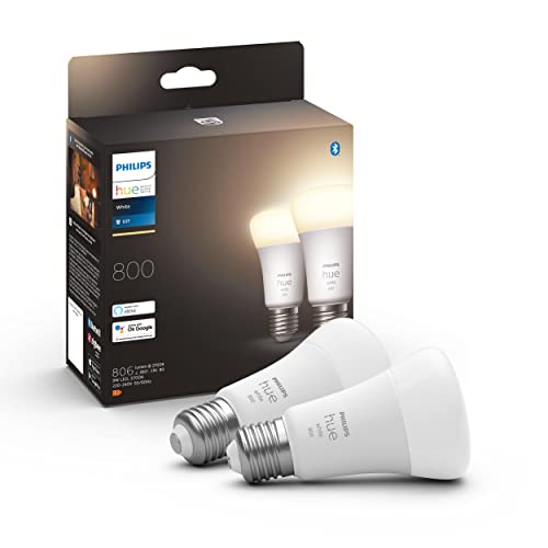 Philips Hue White Ampoules LED Connectées E27, équivalent 60W, 800 lumen, Compatible Bluetooth, Pack de 2, fonctionne avec Alexa, Google Assistant et Apple Homekit