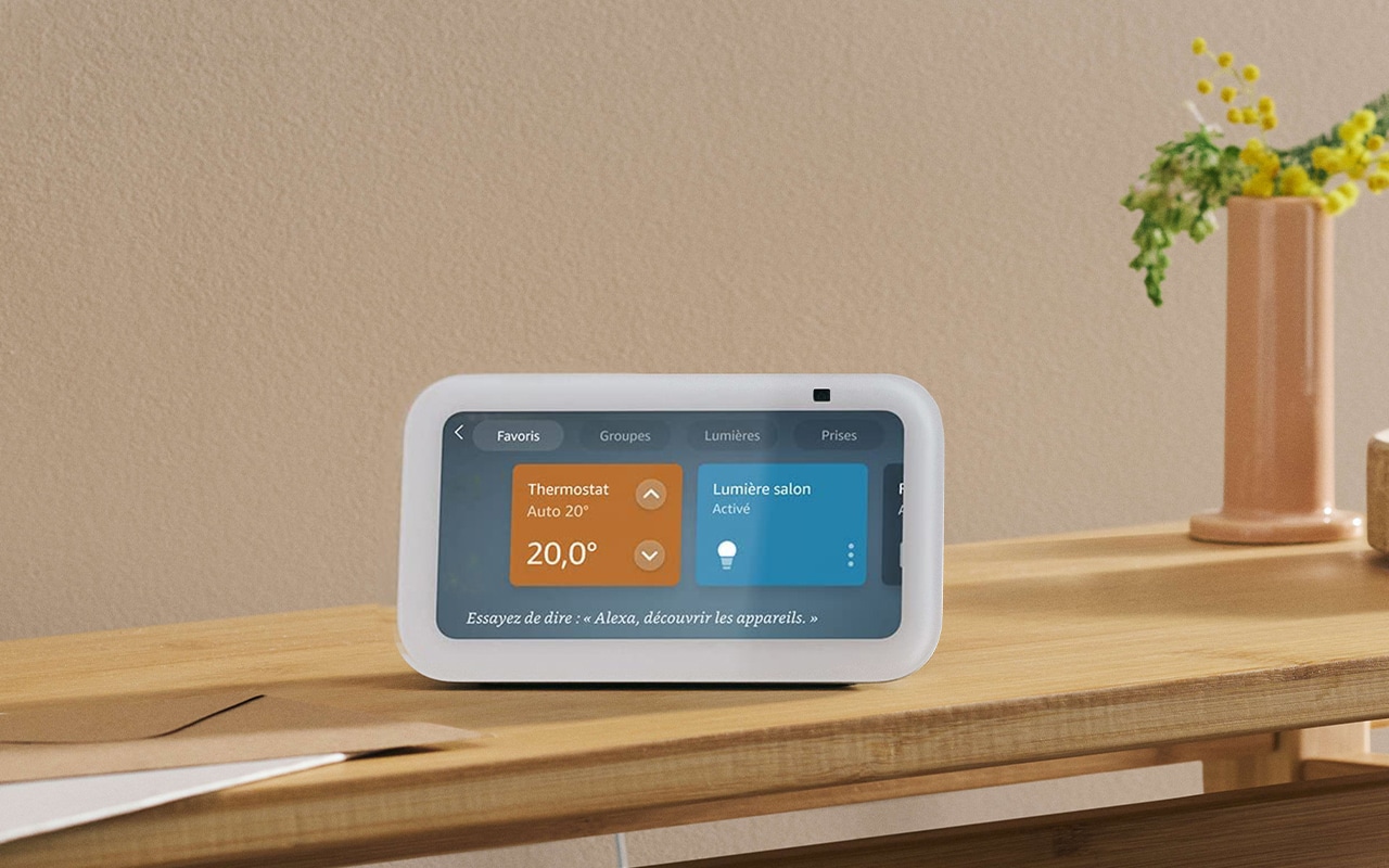 Assistant Echo Dot (5e génération, modèle 2022) avec horloge, Bleu-gris +  Prise connectée WiFi Meross Smart Plug –
