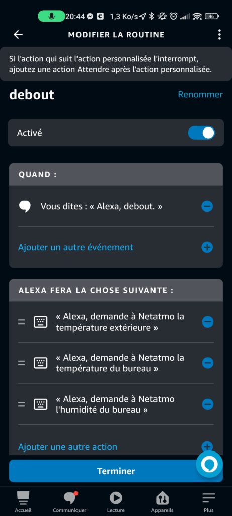 Exemple de routines Alexa avec plusieurs commandes personnalisées