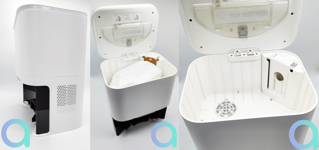SwichBot a équipé son mini robot d'une station de vidange qui comporte un grand sac poubelle de 4L
