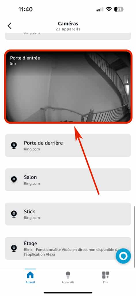 Aperçu des caméras Ring dans l'app Alexa