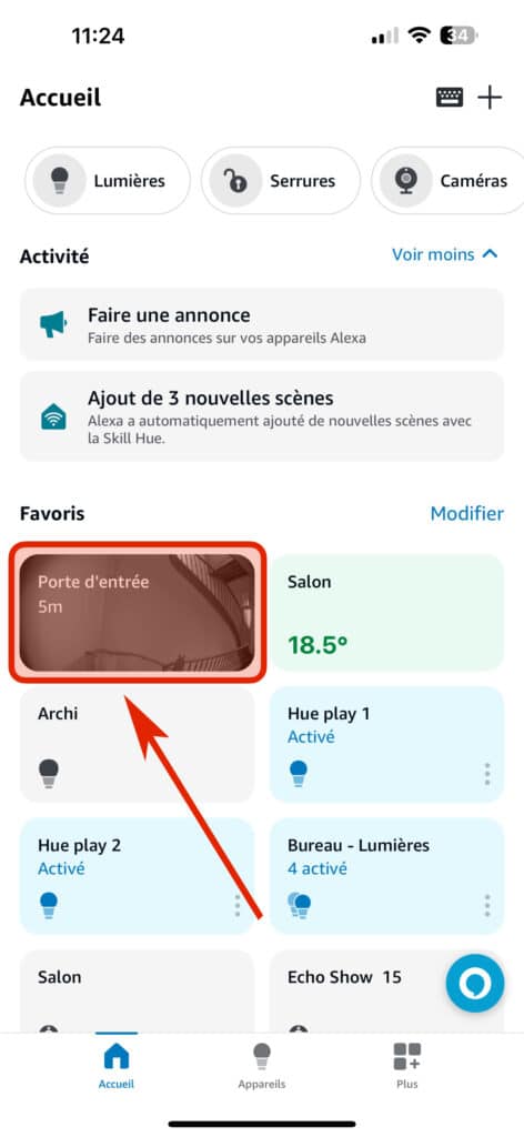 Aperçu d'une sonnette vidéo dans l'application Alexa