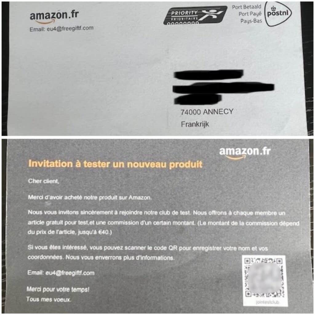 Faux courrier d'invitation à tester des produits Amazon