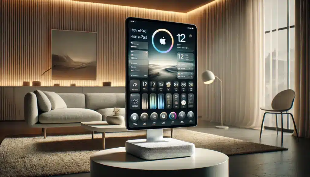DALL·E 2025-01-14 10.29.04 - A futuristic Apple HomePad, a connected home hub designed for smart home automation. The device features a sleek 12-inch OLED touchscreen display with